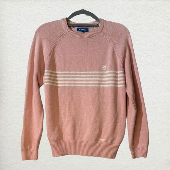 K-Swiss L Pink Y2K Striped Crew Neck Logo Pullover Sweater Tennis Preppy Sporty - Picture 1 of 10